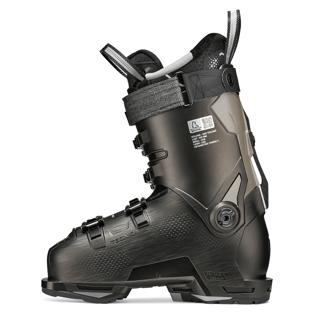 A black 2027 Tecnica Mach1 MV 95 W women's ski boot that features a 95 flex rating, a medium-volume fit, and GripWalk soles.