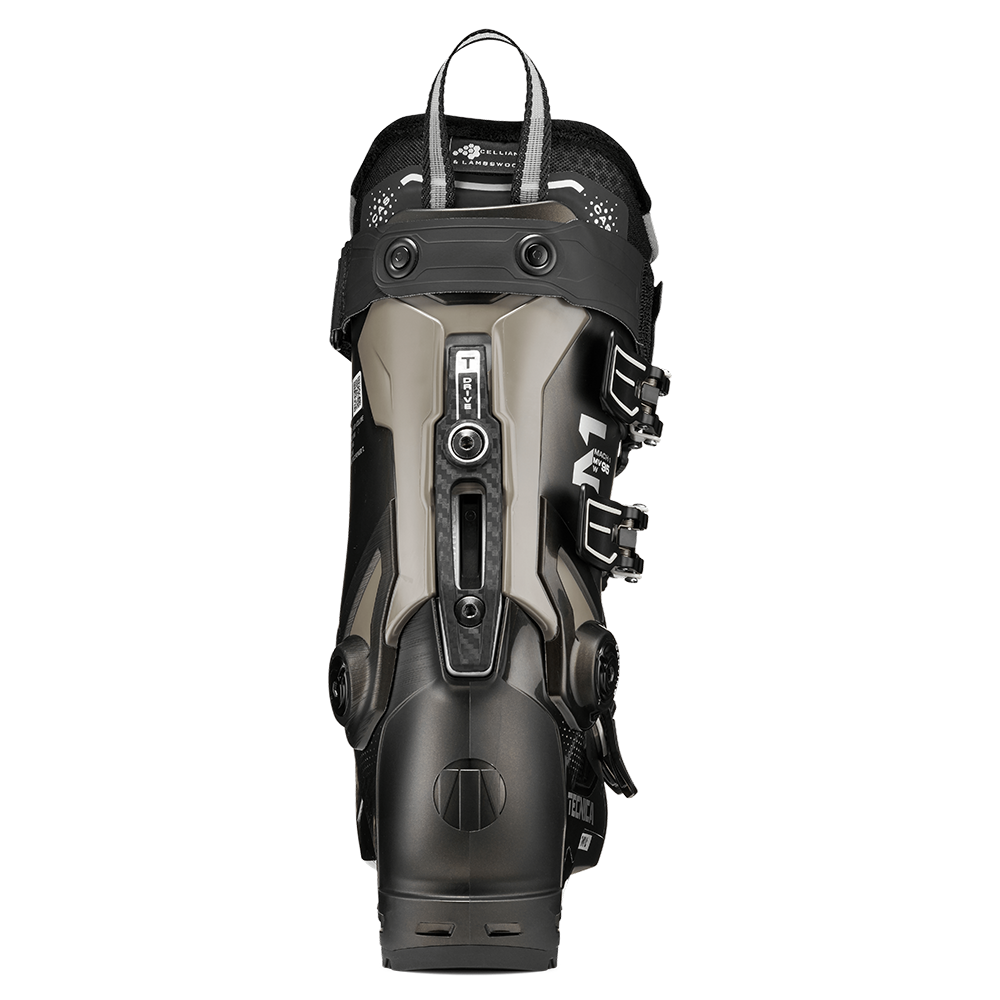 A black 2027 Tecnica Mach1 MV 95 W women's ski boot that features a 95 flex rating, a medium-volume fit, and GripWalk soles.