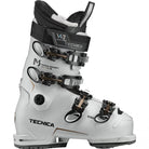 A white Tecnica Mach 1 MV 75 W ski boot that is designed for women and features GripWalk soles.