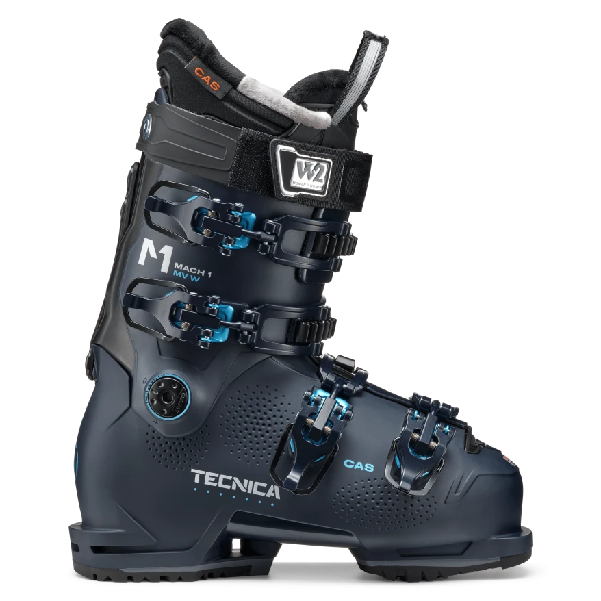 A navy blue Tecnica Mach 1 95 MV ski boot that features a stiff 95 flex and GripWalk soles.