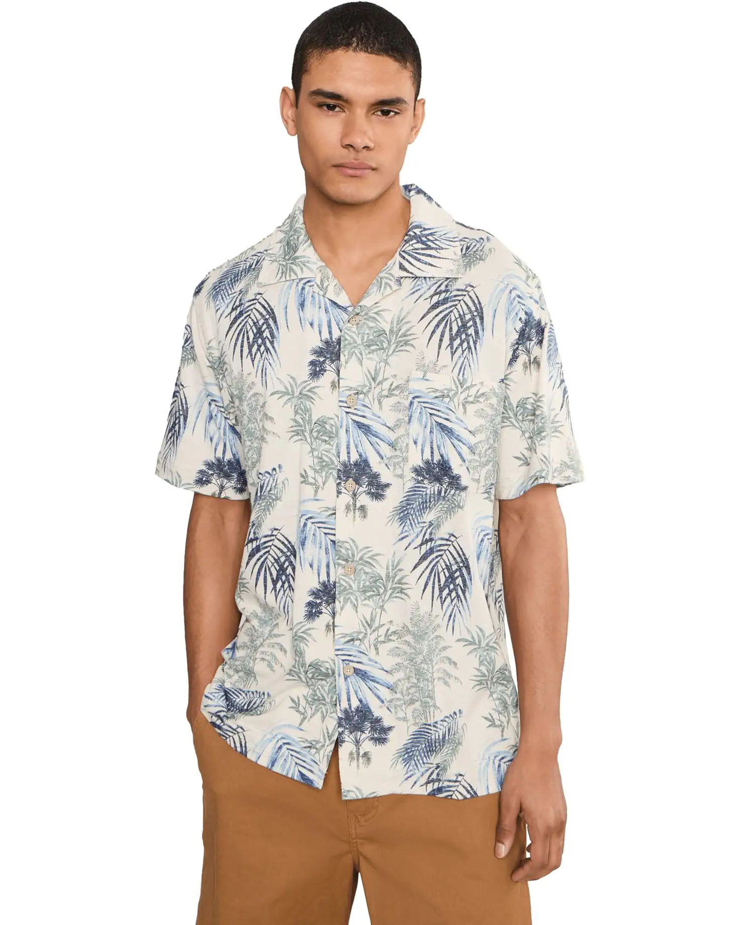 Tommy Bahama Men's Vista Mar Bravo Beach Camp Shirt featuring a beach-inspired print, button-front styling, and a relaxed fit.