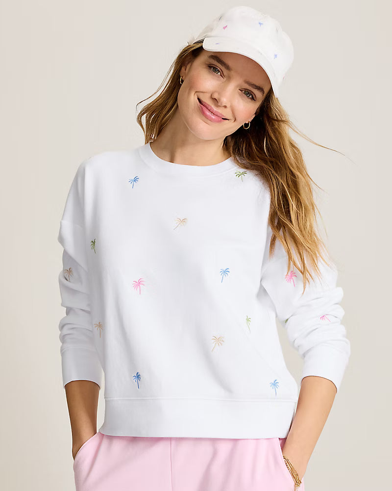 Tommy Bahama Women's Marina Del Mar Palm Tree Crew featuring a relaxed fit, classic crew neckline, and coastal palm tree graphic.