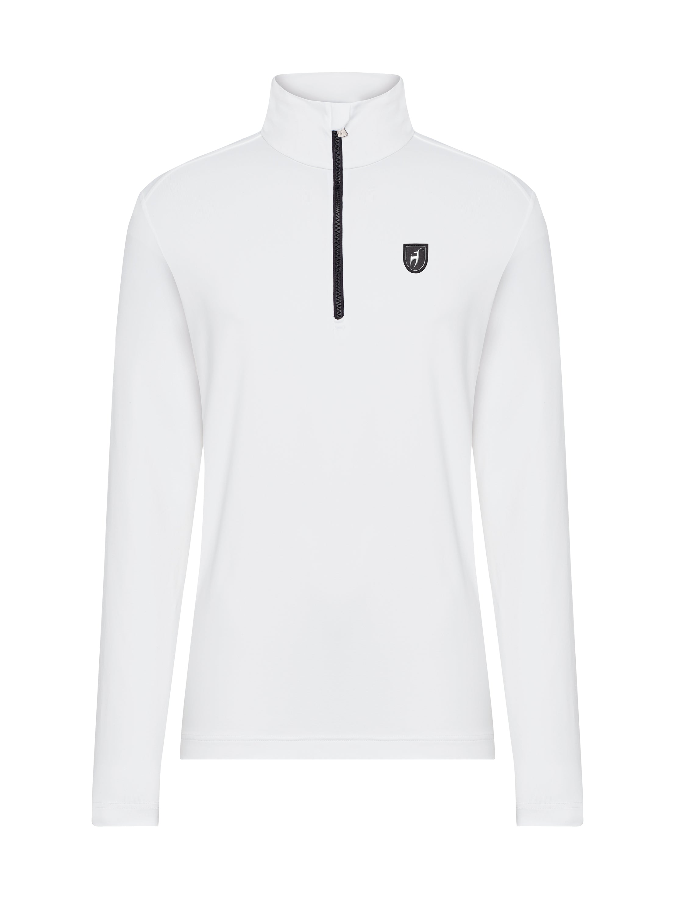 A white Toni Sailer Men's Brendan T-Neck that is moisture-wicking, breathable, and stretchable.