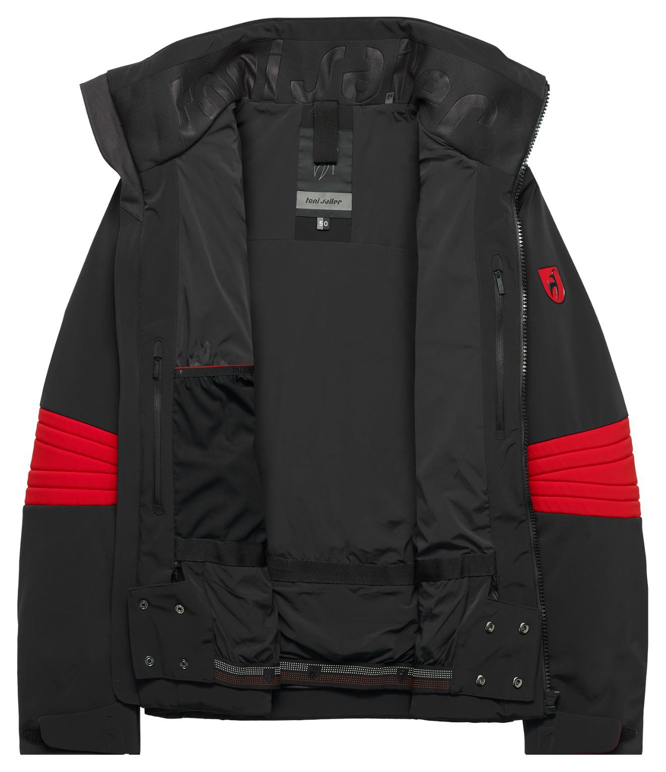A black and red Toni Sailer Men's Matti Ski Jacket made from premium fabrics and insulation that is waterproof, breathable, stretchable, insulated, and fashionable.