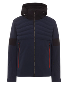 Toni Sailer Men’s Moritz Jacket showing athletic 4-way stretch outer shell, strategic high-loft synthetic insulation chambers, YKK AquaGuard water-repellent zippers, forearm ski pass pocket, and elastic wrist gaiters with thumbholes.