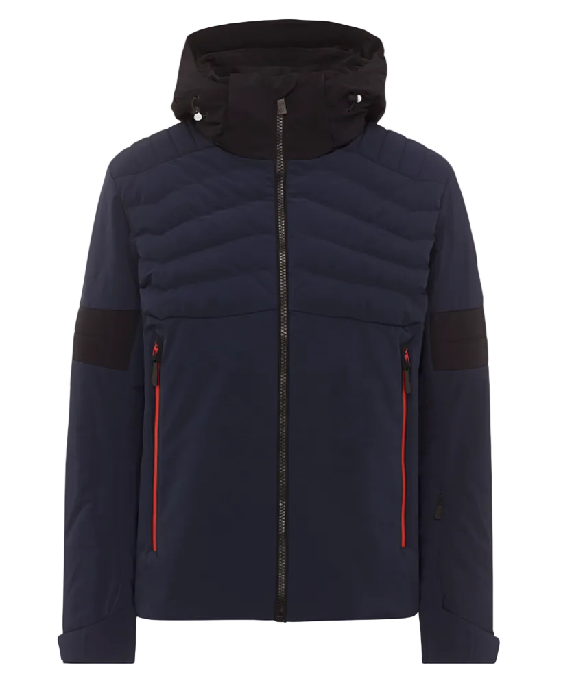 Toni Sailer Men’s Moritz Jacket showing athletic 4-way stretch outer shell, strategic high-loft synthetic insulation chambers, YKK AquaGuard water-repellent zippers, forearm ski pass pocket, and elastic wrist gaiters with thumbholes.