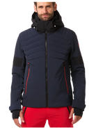 Toni Sailer Men’s Moritz Jacket showing athletic 4-way stretch outer shell, strategic high-loft synthetic insulation chambers, YKK AquaGuard water-repellent zippers, forearm ski pass pocket, and elastic wrist gaiters with thumbholes.