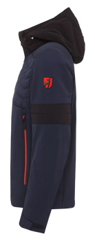 Toni Sailer Men’s Moritz Jacket showing athletic 4-way stretch outer shell, strategic high-loft synthetic insulation chambers, YKK AquaGuard water-repellent zippers, forearm ski pass pocket, and elastic wrist gaiters with thumbholes.