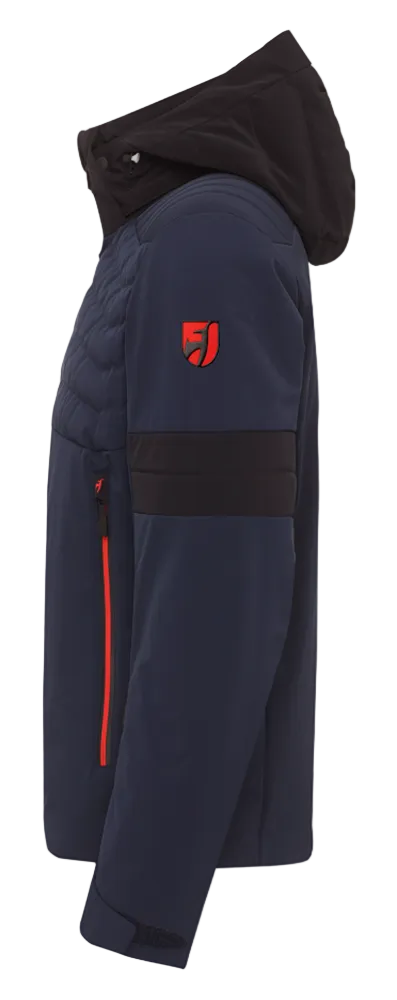 Toni Sailer Men’s Moritz Jacket showing athletic 4-way stretch outer shell, strategic high-loft synthetic insulation chambers, YKK AquaGuard water-repellent zippers, forearm ski pass pocket, and elastic wrist gaiters with thumbholes.