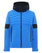 Toni Sailer Men’s Moritz Jacket in mykonos blue showing athletic 4-way stretch outer shell, strategic high-loft synthetic insulation chambers, YKK AquaGuard water-repellent zippers, forearm ski pass pocket, and elastic wrist gaiters with thumbholes.