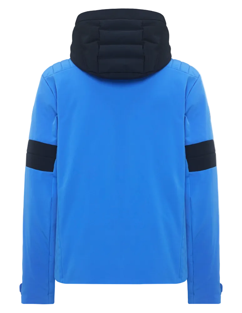 Toni Sailer Men’s Moritz Jacket in mykonos blue showing athletic 4-way stretch outer shell, strategic high-loft synthetic insulation chambers, YKK AquaGuard water-repellent zippers, forearm ski pass pocket, and elastic wrist gaiters with thumbholes.
