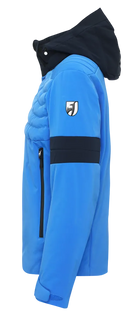 Toni Sailer Men’s Moritz Jacket in mykonos blue showing athletic 4-way stretch outer shell, strategic high-loft synthetic insulation chambers, YKK AquaGuard water-repellent zippers, forearm ski pass pocket, and elastic wrist gaiters with thumbholes.