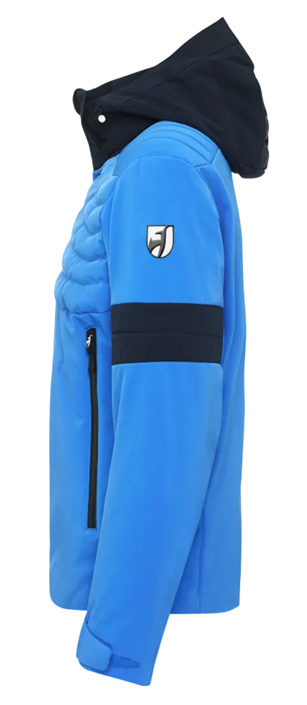 Toni Sailer Men’s Moritz Jacket in mykonos blue showing athletic 4-way stretch outer shell, strategic high-loft synthetic insulation chambers, YKK AquaGuard water-repellent zippers, forearm ski pass pocket, and elastic wrist gaiters with thumbholes.