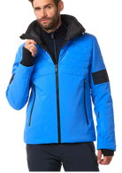 Toni Sailer Men’s Moritz Jacket in mykonos blue showing athletic 4-way stretch outer shell, strategic high-loft synthetic insulation chambers, YKK AquaGuard water-repellent zippers, forearm ski pass pocket, and elastic wrist gaiters with thumbholes.