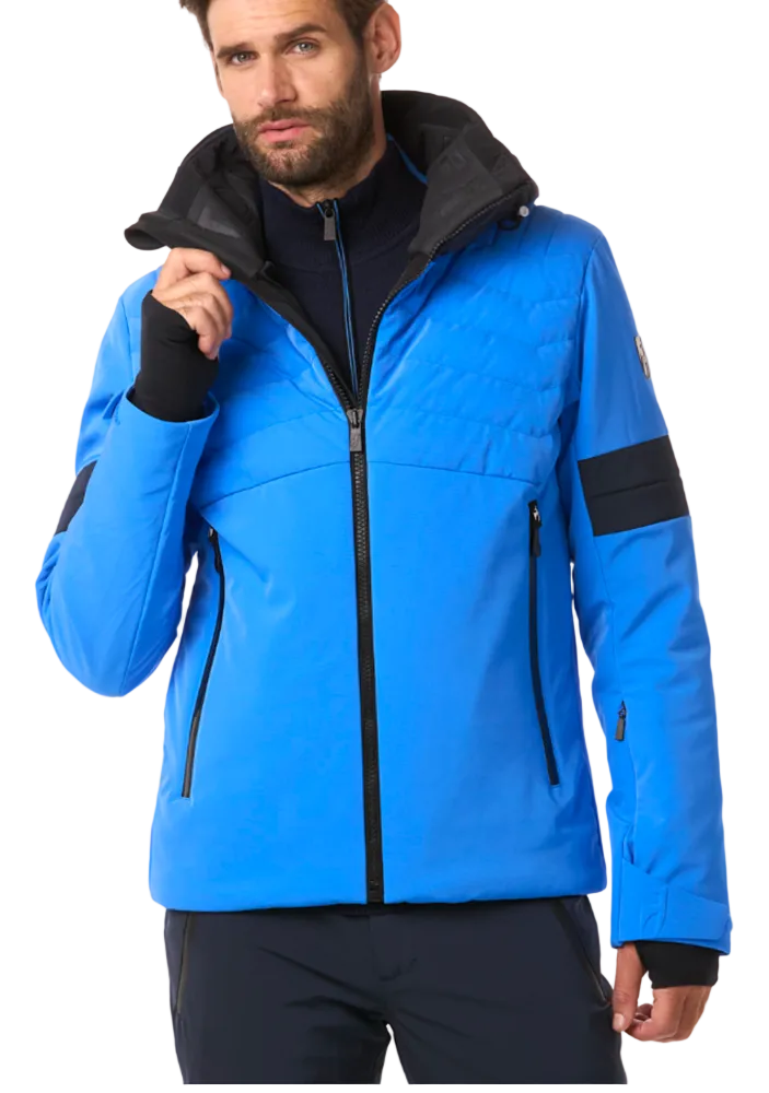 Toni Sailer Men’s Moritz Jacket in mykonos blue showing athletic 4-way stretch outer shell, strategic high-loft synthetic insulation chambers, YKK AquaGuard water-repellent zippers, forearm ski pass pocket, and elastic wrist gaiters with thumbholes.