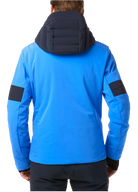 Toni Sailer Men’s Moritz Jacket in mykonos blue showing athletic 4-way stretch outer shell, strategic high-loft synthetic insulation chambers, YKK AquaGuard water-repellent zippers, forearm ski pass pocket, and elastic wrist gaiters with thumbholes.