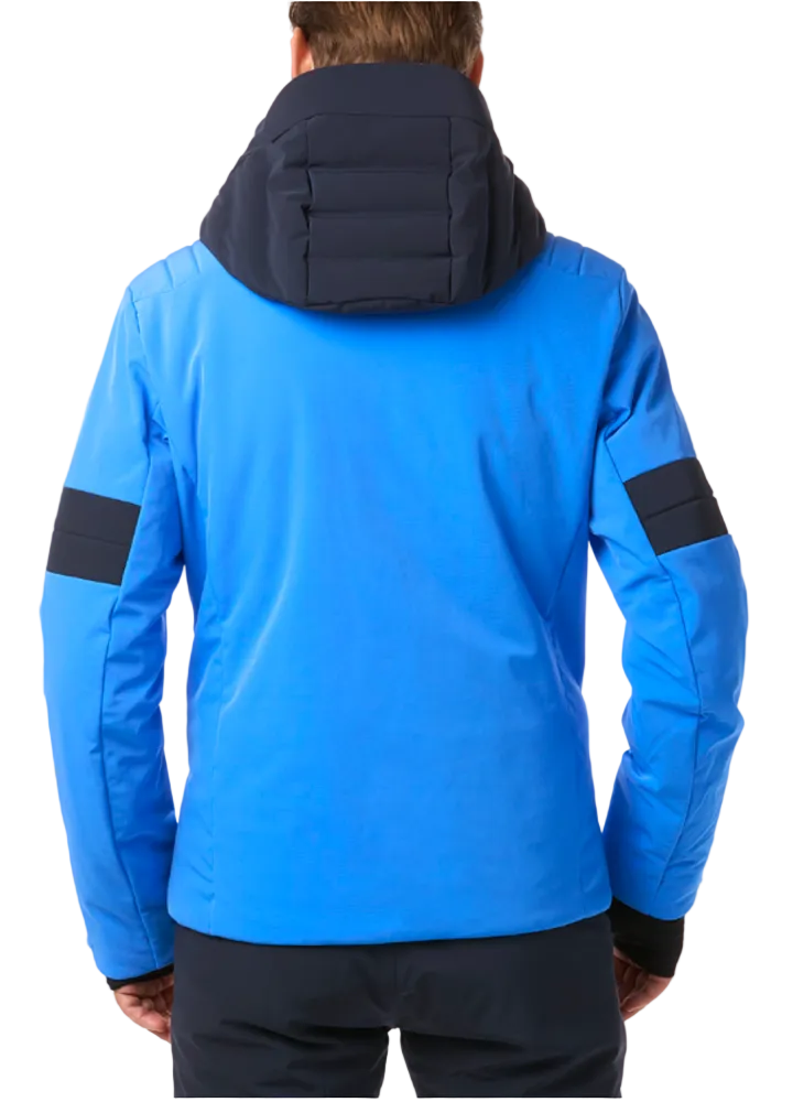 Toni Sailer Men’s Moritz Jacket in mykonos blue showing athletic 4-way stretch outer shell, strategic high-loft synthetic insulation chambers, YKK AquaGuard water-repellent zippers, forearm ski pass pocket, and elastic wrist gaiters with thumbholes.