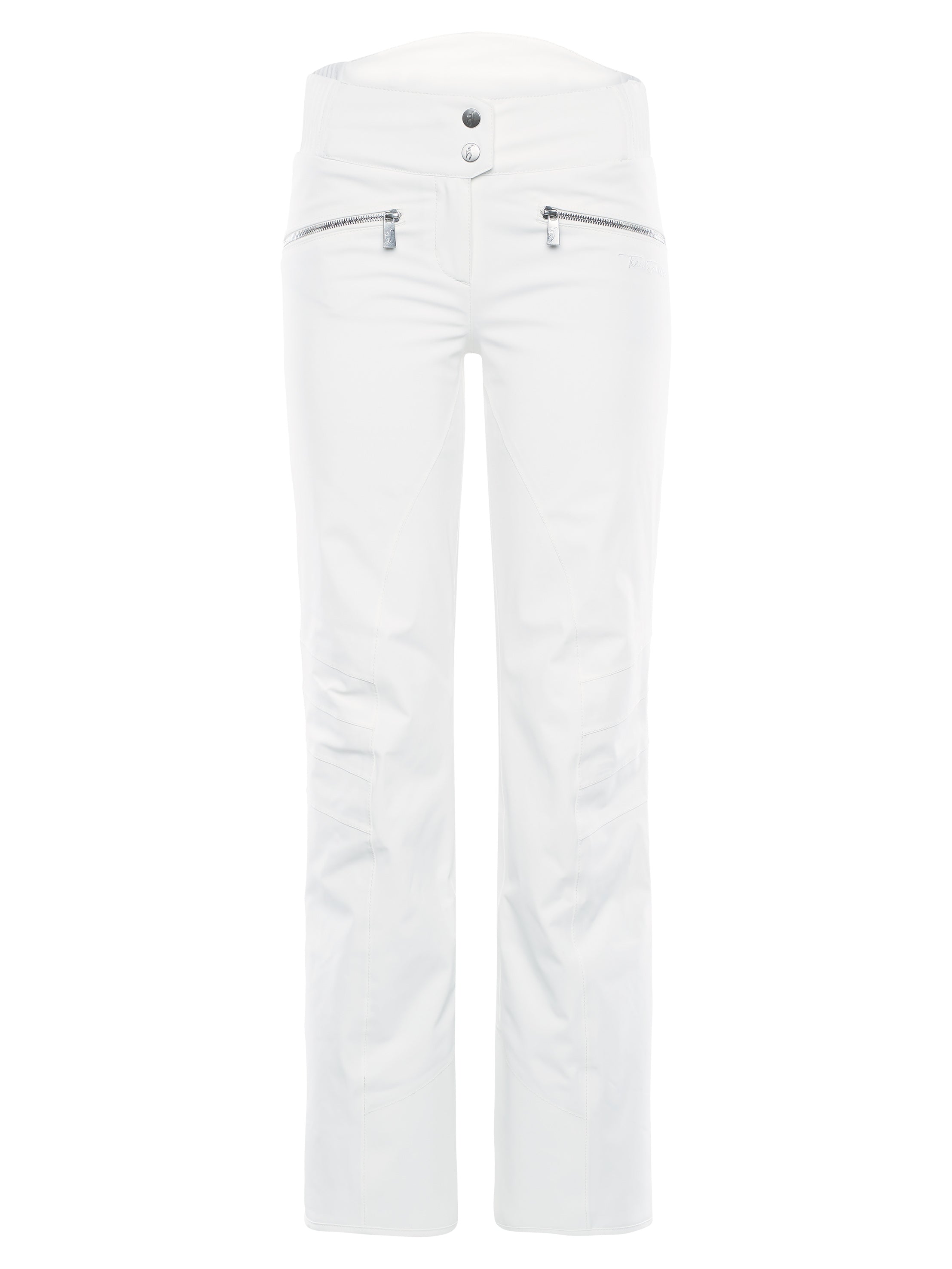 A pair of white Toni Sailer Women's Alla Ski Pants which are made from a premium technical fabric that is waterproof, breathable, stretchable, and insulated.