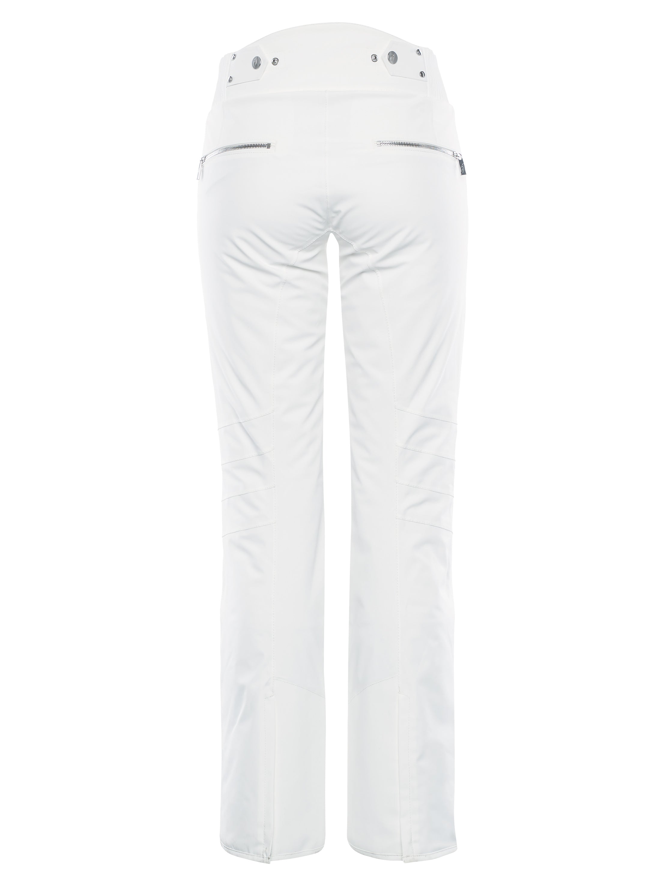 A pair of white Toni Sailer Women's Alla Ski Pants which are made from a premium technical fabric that is waterproof, breathable, stretchable, and insulated.