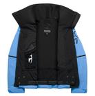 A blue and black Toni Sailer Women's Martha Ski Jacket that is made from premium fabrics and insulation that is waterproof, breathable, stretchable, and insulated.