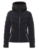 Toni Sailer Women’s Mira Jacket showing tailored 4-way stretch outer shell, bonded baffle insulation chambers, YKK AquaGuard water-repellent zippers, forearm ski pass pocket, and elastic wrist gaiters with thumb loops.