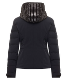 Toni Sailer Women’s Mira Jacket showing tailored 4-way stretch outer shell, bonded baffle insulation chambers, YKK AquaGuard water-repellent zippers, forearm ski pass pocket, and elastic wrist gaiters with thumb loops.