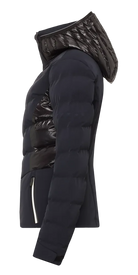 Toni Sailer Women’s Mira Jacket showing tailored 4-way stretch outer shell, bonded baffle insulation chambers, YKK AquaGuard water-repellent zippers, forearm ski pass pocket, and elastic wrist gaiters with thumb loops.