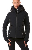 Toni Sailer Women’s Mira Jacket showing tailored 4-way stretch outer shell, bonded baffle insulation chambers, YKK AquaGuard water-repellent zippers, forearm ski pass pocket, and elastic wrist gaiters with thumb loops.