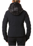 Toni Sailer Women’s Mira Jacket showing tailored 4-way stretch outer shell, bonded baffle insulation chambers, YKK AquaGuard water-repellent zippers, forearm ski pass pocket, and elastic wrist gaiters with thumb loops.