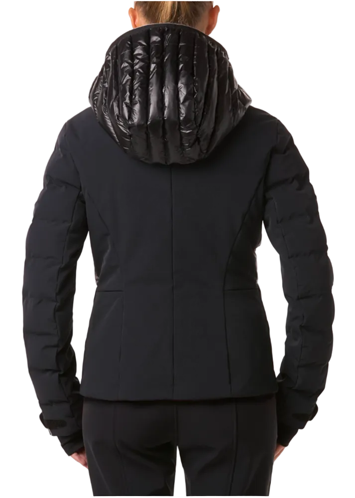 Toni Sailer Women’s Mira Jacket showing tailored 4-way stretch outer shell, bonded baffle insulation chambers, YKK AquaGuard water-repellent zippers, forearm ski pass pocket, and elastic wrist gaiters with thumb loops.
