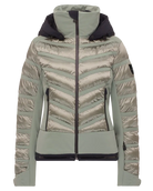 Toni Sailer Women’s Swinta Splendid Jacket showing 4-way stretch fabric with shiny jet-fabric accents, high-loft insulation baffles, YKK AquaGuard water-repellent zippers, forearm ski pass pocket, and elastic wrist gaiters with thumbholes.
