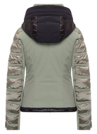 Toni Sailer Women’s Swinta Splendid Jacket showing 4-way stretch fabric with shiny jet-fabric accents, high-loft insulation baffles, YKK AquaGuard water-repellent zippers, forearm ski pass pocket, and elastic wrist gaiters with thumbholes.