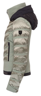 Toni Sailer Women’s Swinta Splendid Jacket showing 4-way stretch fabric with shiny jet-fabric accents, high-loft insulation baffles, YKK AquaGuard water-repellent zippers, forearm ski pass pocket, and elastic wrist gaiters with thumbholes.