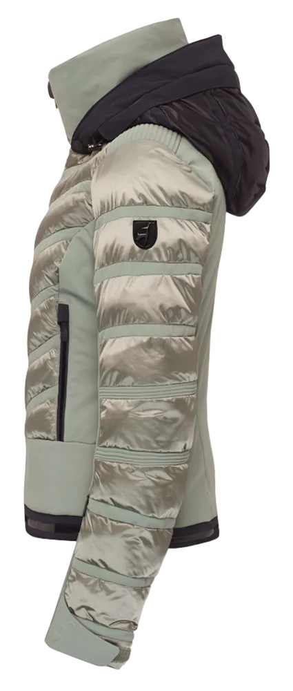 Toni Sailer Women’s Swinta Splendid Jacket showing 4-way stretch fabric with shiny jet-fabric accents, high-loft insulation baffles, YKK AquaGuard water-repellent zippers, forearm ski pass pocket, and elastic wrist gaiters with thumbholes.