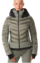 Toni Sailer Women’s Swinta Splendid Jacket showing 4-way stretch fabric with shiny jet-fabric accents, high-loft insulation baffles, YKK AquaGuard water-repellent zippers, forearm ski pass pocket, and elastic wrist gaiters with thumbholes.