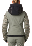 Toni Sailer Women’s Swinta Splendid Jacket showing 4-way stretch fabric with shiny jet-fabric accents, high-loft insulation baffles, YKK AquaGuard water-repellent zippers, forearm ski pass pocket, and elastic wrist gaiters with thumbholes.
