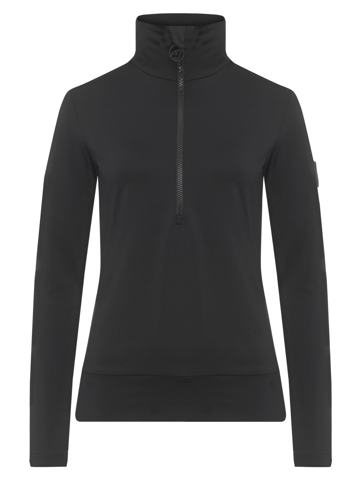 A black Toni Sailer Women's Wieka half zip turtle neck top that is lightweight, breathable, moisture-wicking, and sretchable.