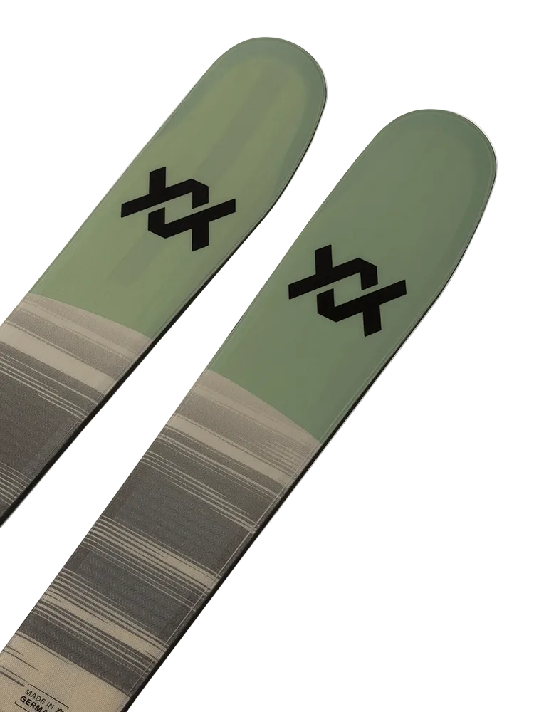 A pair of green and gray 2027 Volkl Blaze 86 skis that are designed for all-mountain skiing.