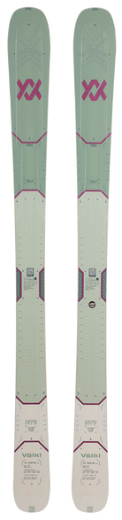 A pair of green and pink Volkl M7 Mantra W skis that are designed for all-mountain and freeride skiing, intended for expert female skiers.