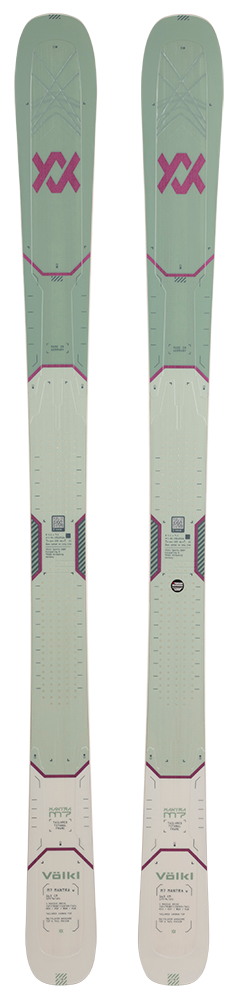 A pair of green and pink Volkl M7 Mantra W skis that are designed for all-mountain and freeride skiing, intended for expert female skiers.