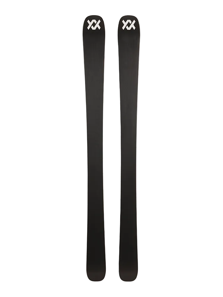 A pair of green and pink Volkl M7 Mantra W skis that are designed for all-mountain and freeride skiing, intended for expert female skiers.
