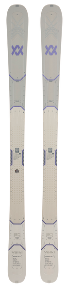 A pair of white and purple 2027 Volkl Mantra 84 W skis that are designed for advanced female skiers.