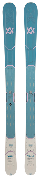 A pair of blue and pink 2027 Volkl Mantra 88 W skis that are designed for advanced all-mountain female skiers.