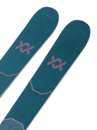 A pair of blue and pink 2027 Volkl Mantra 88 W skis that are designed for advanced all-mountain female skiers.