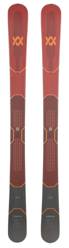 A pair of red and black 2027 Volkl Mantra Jr skis that are designed for all-mountain skiing.