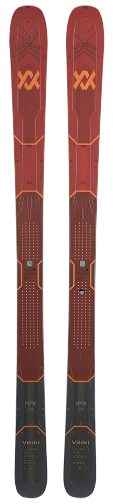 A pair of red 2027 Volkl Mantra M7 skis that are designed for advanced all-mountain skiers.