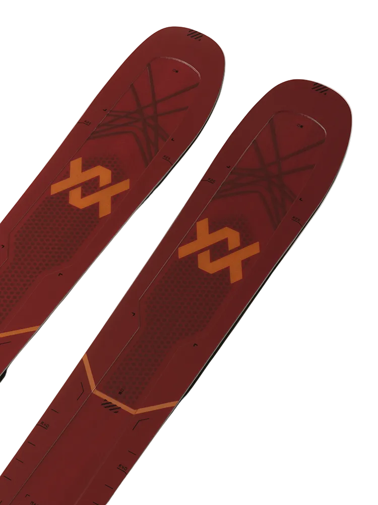 A pair of red 2027 Volkl Mantra M7 skis that are designed for advanced all-mountain skiers.