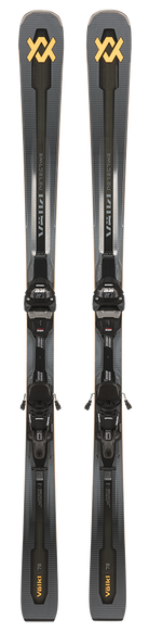 A pair of gray 2027 Volkl Peregrine 78 skis that are designed for intermediate on-piste skiers.