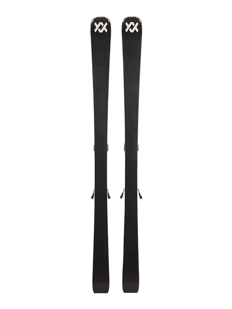 A pair of gray 2027 Volkl Peregrine 78 skis that are designed for intermediate on-piste skiers.