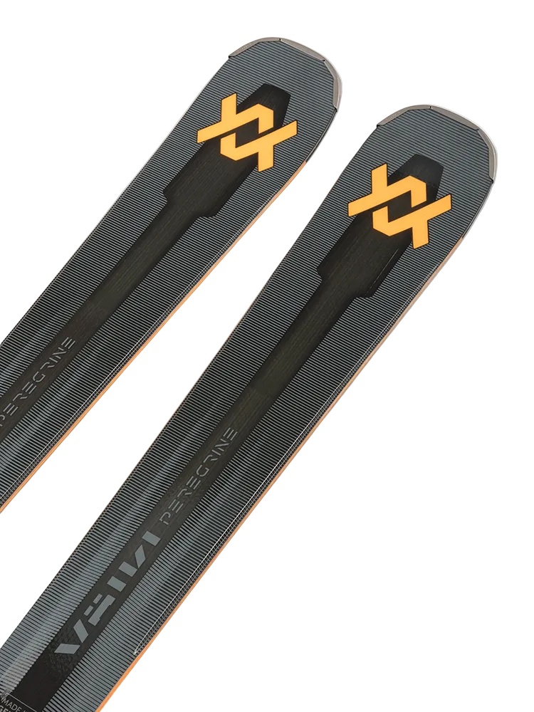 A pair of gray 2027 Volkl Peregrine 78 skis that are designed for intermediate on-piste skiers.